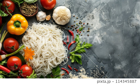 Shirataki noodles with vegetables and spices on grey table, top view Shirataki noodles with vegetables and spices on grey table, top view 114345887