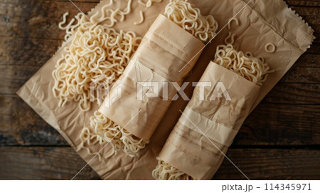 Soy noodles on wooden background. Traditional asian food 114345971