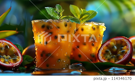 Exotic Passion Fruit Cocktail With Fresh Mint in a Lush Green Background. Tropical Summer Drinks 114346170