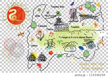 Illustrated map of tourist spots in Toyama Prefecture New Year's card 2025 114346294