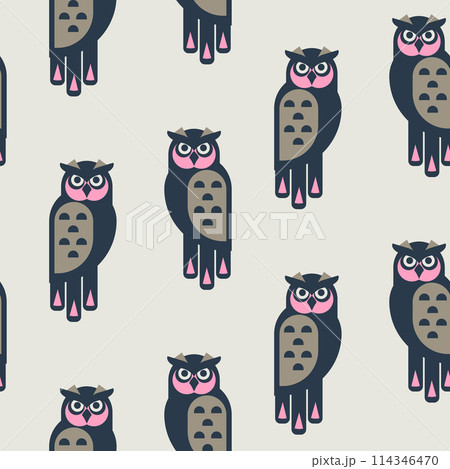Seamless pattern with cute owls. Flat cartoon style childish blue and beige background with forest night birds. Endless baby texture for wallpaper, textile and prints. 114346470