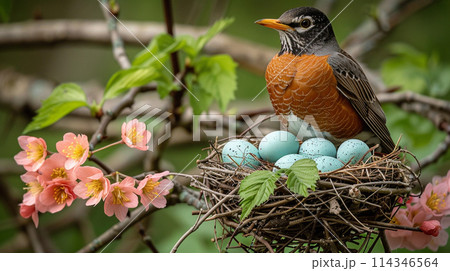 American Robin Guarding Nest with Blue Eggs American Robin Guarding Nest with Blue Eggs 114346564
