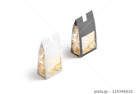 Blank black and white paper pack with penne pasta mockup, Blank black and white paper pack with penne pasta mockup, 114346810