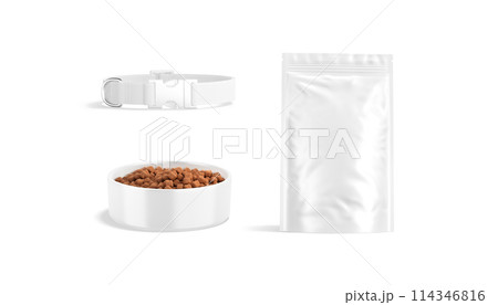 Blank white dog collar and ceramic bowl with snack mockup 114346816