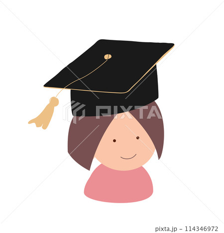 Happy cute little kid girl graduate from school. Smiling kindergarten girl in graduate hat. Vector icon Happy cute little kid girl graduate from school. Smiling kindergarten girl in graduate hat. Vector icon 114346972