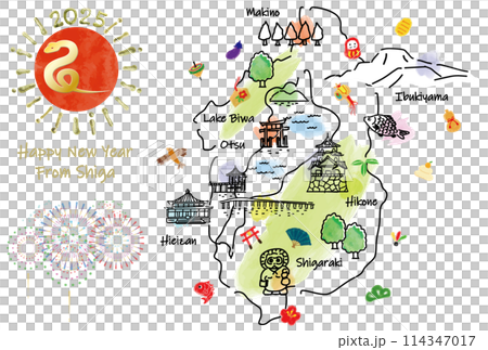 滋賀県の観光地のイラストマップ年賀状2025年 滋賀県の観光地のイラストマップ年賀状2025年 114347017