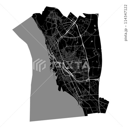 Map of Helsingborg, Sweden. Black and white city map, metropolitan area border. Map of Helsingborg, Sweden. Black and white city map, metropolitan area border. 114347122