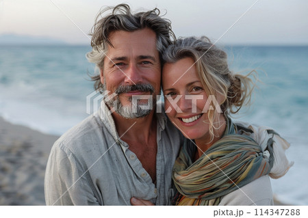 Happy Couple Embracing by the Sea at Dusk Happy Couple Embracing by the Sea at Dusk 114347288