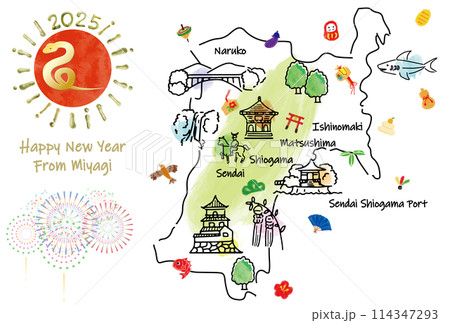 宮城県の観光地のイラストマップ年賀状2025年 宮城県の観光地のイラストマップ年賀状2025年 114347293