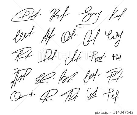 Fake hand drawn autographs . Handwritten signature scribble for business certificate or letter. Vector isolated illustration Fake hand drawn autographs . Handwritten signature scribble for business certificate or letter. Vector isolated illustration 114347542