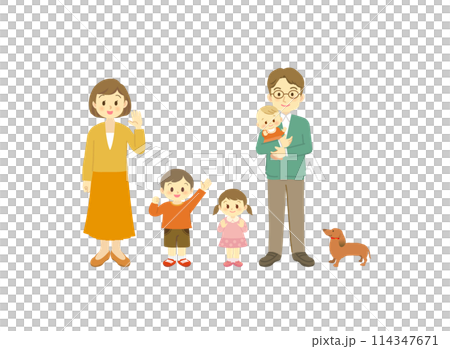 Two-generation family waving together (full body) A family of five consisting of a husband and wife, a son, a daughter, a baby, and a small dog 114347671