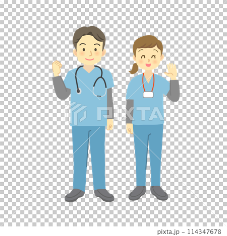穿著藍色工作服的男女醫護人員（面向前方，全身微笑） 探訪護士、護士、醫生、護工 114347678