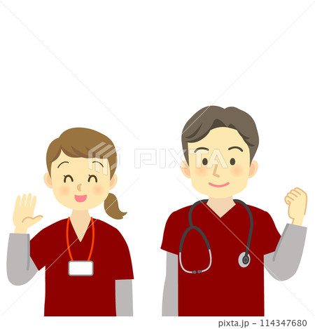 赤系のスクラブを着用した医療従事者の男女（正面を向いた上半身）　訪問看護・看護師・医師・介護福祉士 114347680