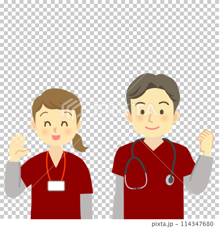 身穿紅色工作服的男女醫護人員（上身朝前） 探訪護士、護士、醫生、護工 114347680