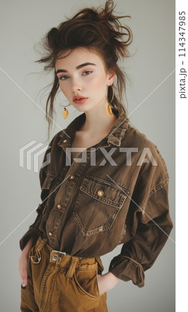 Stylish Young Woman with Unique Hairdo in Elegant Brown Outfit Stylish Young Woman with Unique Hairdo in Elegant Brown Outfit 114347985