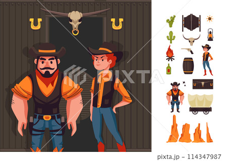 Hand drawn cowboy icons with illustration set with characters and wild west elements 114347987