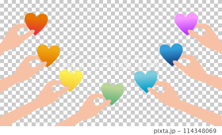 Seven hands holding hearts of seven colors 114348069