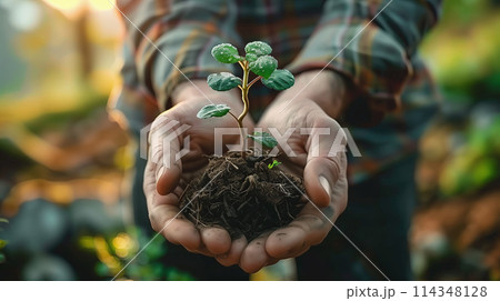 Hands holding a green young plant 114348128