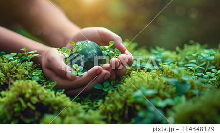 Hands Holding green Globe In Green Forest - Environment Concept 114348129