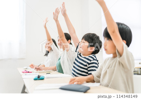塾・学校の授業中に元気に挙手する小学生の男女生徒 114348149
