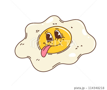 Cartoon retro fried egg groovy character with tongue. Funny vintage breakfast food vector personage, cute hippie chicken egg yolk and white emoji teasing with sticking out tongue and happy smile 114348218