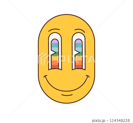 Cartoon retro groovy smile with long eyes. Isolated vector hippie face with rainbow look. Yellow vintage psychedelic emoji, positive facial expression. Weird, trippy face, surreal acid, lsd funky vibe 114348228