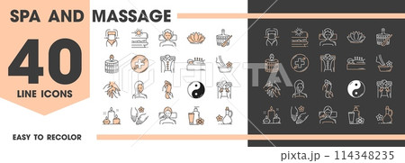 SPA and massage line icons of beauty salon and skincare treatment, vector pictograms. SPA salon procedure icons of foot massage, sauna and acupuncture therapy with aroma oils and relax or tanning SPA and massage line icons of beauty salon and skincare treatment, vector pictograms. SPA salon procedure icons of foot massage, sauna and acupuncture therapy with aroma oils and relax or tanning 114348235