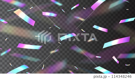 Holographic confetti or neon hologram with rainbow glitter light effect on vector transparent background. Holographic confetti explosion of iridescent silver foil or metal paper with neon shine glare 114348246