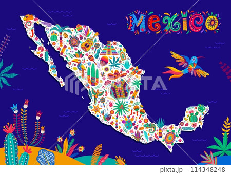 Mexico map with Mexican national symbols, landmarks and cuisine food, vector background. Mexico map with sombrero and guitar, cactus and maracas, Aztec or Maya pyramid and poncho in ethnic ornament 114348248
