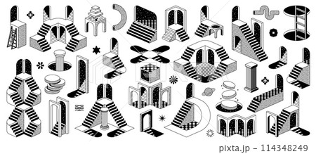 Psychedelic trippy y2k elements and surreal vector icons of stairs and podium staircase. Psychedelic art portal, planet and arch column with abstract shapes, retro surreal illusion trippy y2k ladders Psychedelic trippy y2k elements and surreal vector icons of stairs and podium staircase. Psychedelic art portal, planet and arch column with abstract shapes, retro surreal illusion trippy y2k ladders 114348249