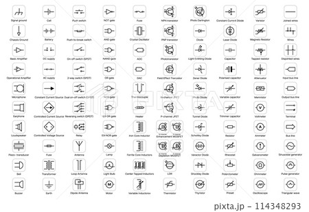 Electric and electronic circuit symbols of elements and components, vector icons. Electrical circuit schematic symbols of diode and switch, connection gate or processor resistor and semiconductor sign Electric and electronic circuit symbols of elements and components, vector icons. Electrical circuit schematic symbols of diode and switch, connection gate or processor resistor and semiconductor sign 114348293