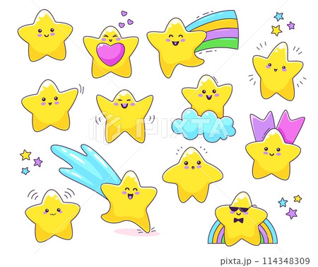 Cartoon cute funny kawaii stars and twinkle characters in the sky with clouds and rainbow. Vector shooting stars personages with happy faces and yellow shine, sunglasses, hearts, ribbons and bow tie 114348309