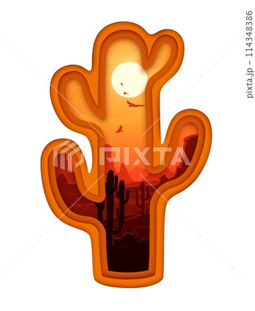 Cacti silhouette with Mexican desert landscape in paper cut mountain valley, vector. Cactus on mountain rocks and eagles flying in sky with sunset over Mexico, Texas or Arizona desert canyon Cacti silhouette with Mexican desert landscape in paper cut mountain valley, vector. Cactus on mountain rocks and eagles flying in sky with sunset over Mexico, Texas or Arizona desert canyon 114348386