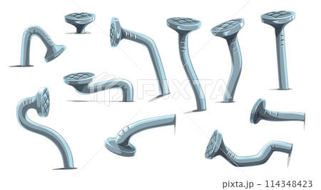 Metal bent wall nails and hobnails or hammer pins with iron heads, cartoon vector. Bent crooked nails and curved broken steel hobnails or carpentry pins with wound hammered damaged hobs and spikes Metal bent wall nails and hobnails or hammer pins with iron heads, cartoon vector. Bent crooked nails and curved broken steel hobnails or carpentry pins with wound hammered damaged hobs and spikes 114348423