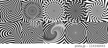 Hypnotic spiral pattern and psychedelic hypnosis swirls, vector backgrounds. Abstract optical illusion and hypnotic patterns with trippy black and white twist distortion, warp heart and star shapes 114348443