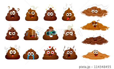 Cartoon poop emoji, funny poo excrement characters, happy toilet shit emoticons vector set. Stinky brown poop, excrement, crap, turd, dung or feces piles with comic faces, sunglasses, hearts and tears Cartoon poop emoji, funny poo excrement characters, happy toilet shit emoticons vector set. Stinky brown poop, excrement, crap, turd, dung or feces piles with comic faces, sunglasses, hearts and tears 114348455