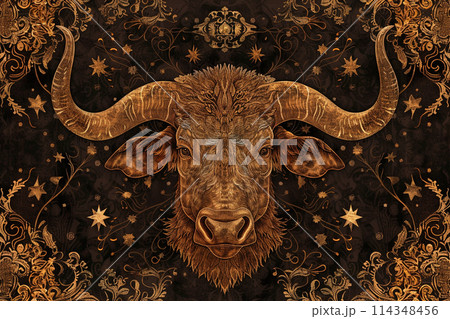 Ornate Bull Illustration on Dark Background Ornate Bull Illustration on Dark Background 114348456