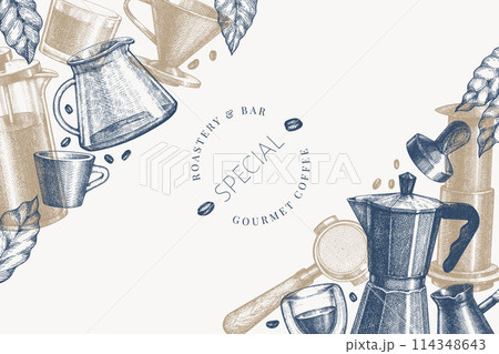 Alternative Coffee Makers Illustration. Vector Hand Drawn Specialty Coffee Equipment Banner. Vintage Style Coffee Bar Design 114348643