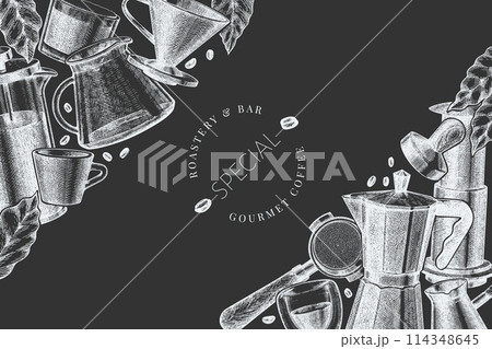 Alternative Coffee Makers Chalk Board Illustration. Vector Hand Drawn Specialty Coffee Equipment Banner. Vintage Style Coffee Bar Design Alternative Coffee Makers Chalk Board Illustration. Vector Hand Drawn Specialty Coffee Equipment Banner. Vintage Style Coffee Bar Design 114348645