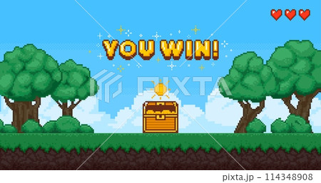 Pixel game art win background. Retro 8 bit video games screen, computer game victory with coins, grass and trees. Pixel level up arcade interface for winner. Vector concept Pixel game art win background. Retro 8 bit video games screen, computer game victory with coins, grass and trees. Pixel level up arcade interface for winner. Vector concept 114348908
