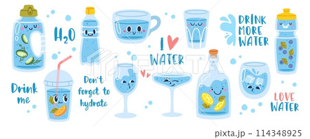 Cute cartoon water bottle. Drink more water. Funny drinking bottles mascot character. Comic cup, glass, plastic flask. Lettering and quotes about water balance. Vector set 114348925