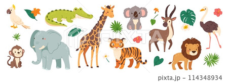 Funny safari animals. Cute cartoon kids animal character. Wild tiger, giraffe, happy koala, African crocodile, jungle monkey. Jungle plant and decorative elements. Vector collection 114348934