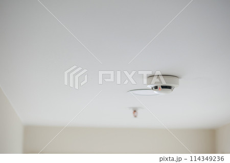 White smoke detector on ceiling at home  114349236