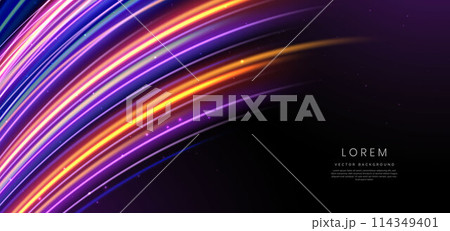 Abstract futuristic glowing neon multicolor curved lines. Hi-speed motion moving concept on dark blue background. 114349401