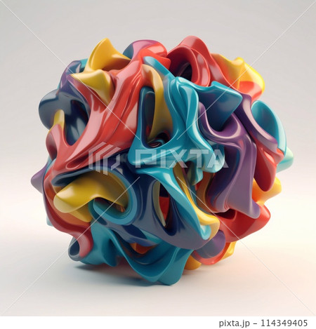 A vibrant electric blue plastic sculpture, resembling a jellyfish, is delicately placed on a sleek white surface, showcasing a mesmerizing art piece 114349405