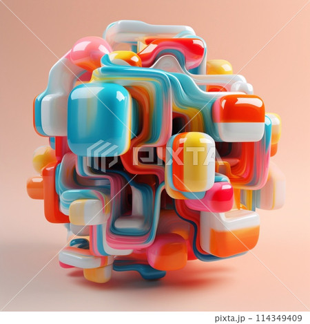 Abstract 3d rendering of geometric shape made of colorful cubes with shadow 114349409