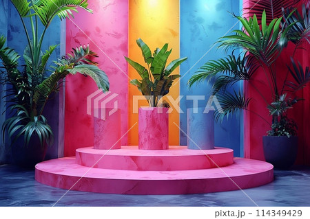 Podium with exotic plants in the room. 3D rendering. 114349429