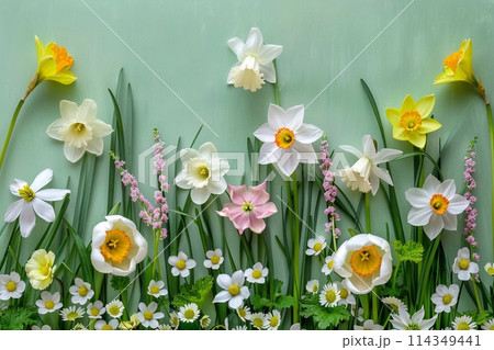Spring flowers background. Daffodils, narcissus and lily of the valley 114349441