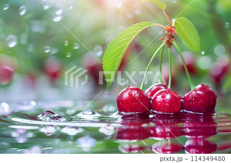 Cherries on the water surface with drops Cherries on the water surface with drops 114349480