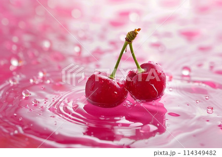 cherry on a pink background with drops of water and ripples 114349482